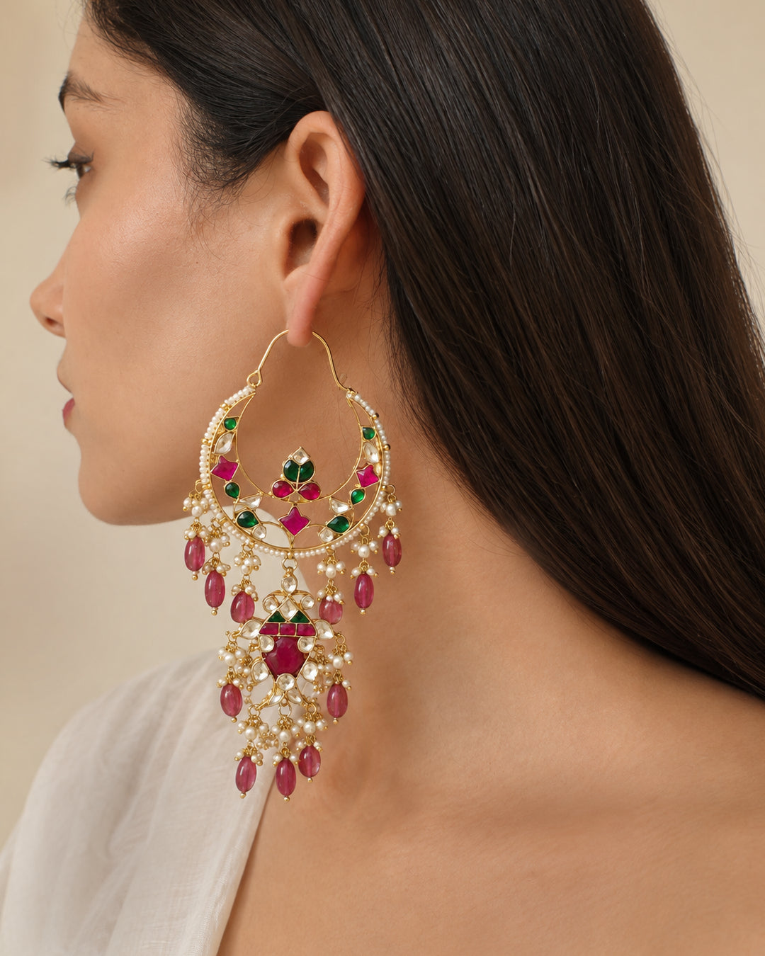 Long Statement Pink Kundan Bali