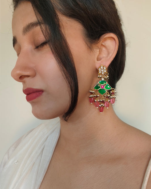 Green and Pink Meenakari Earrings