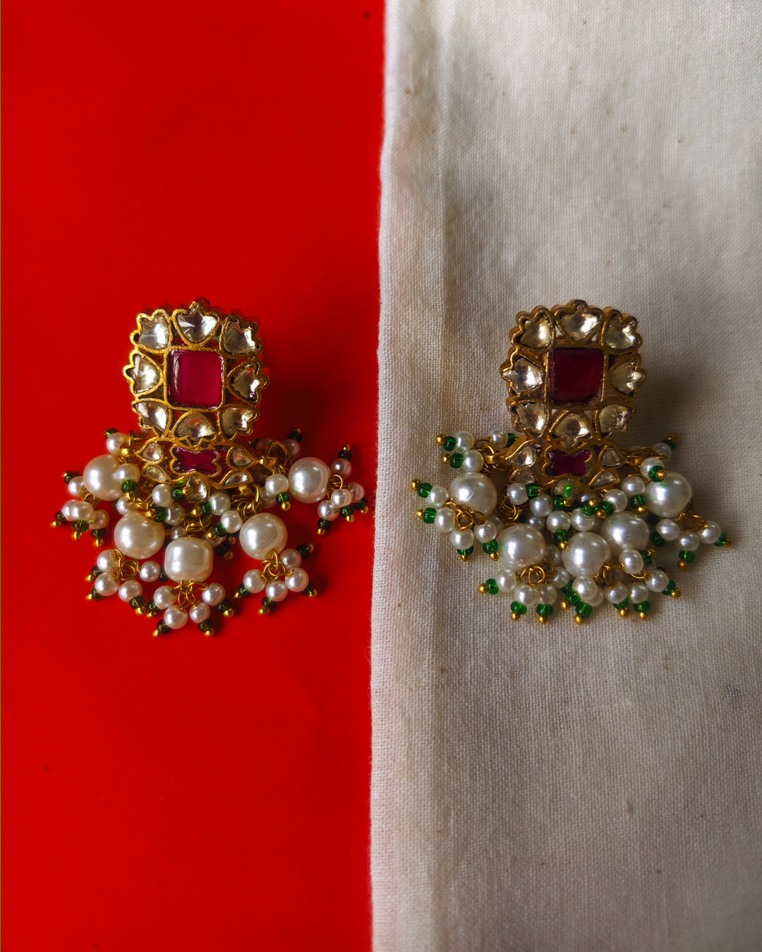 Red and White Pearl Earrings